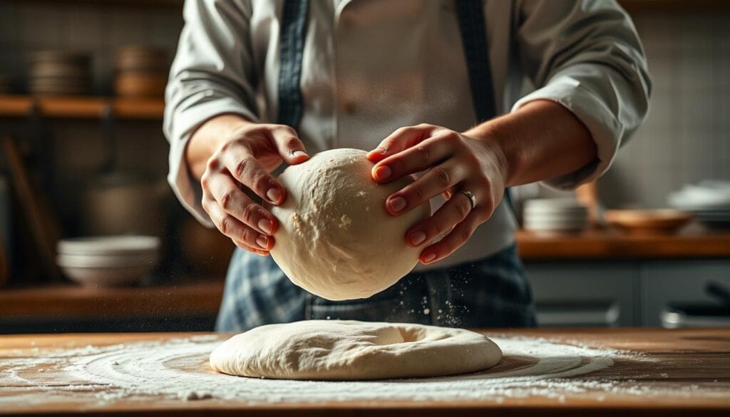 stretching pizza dough