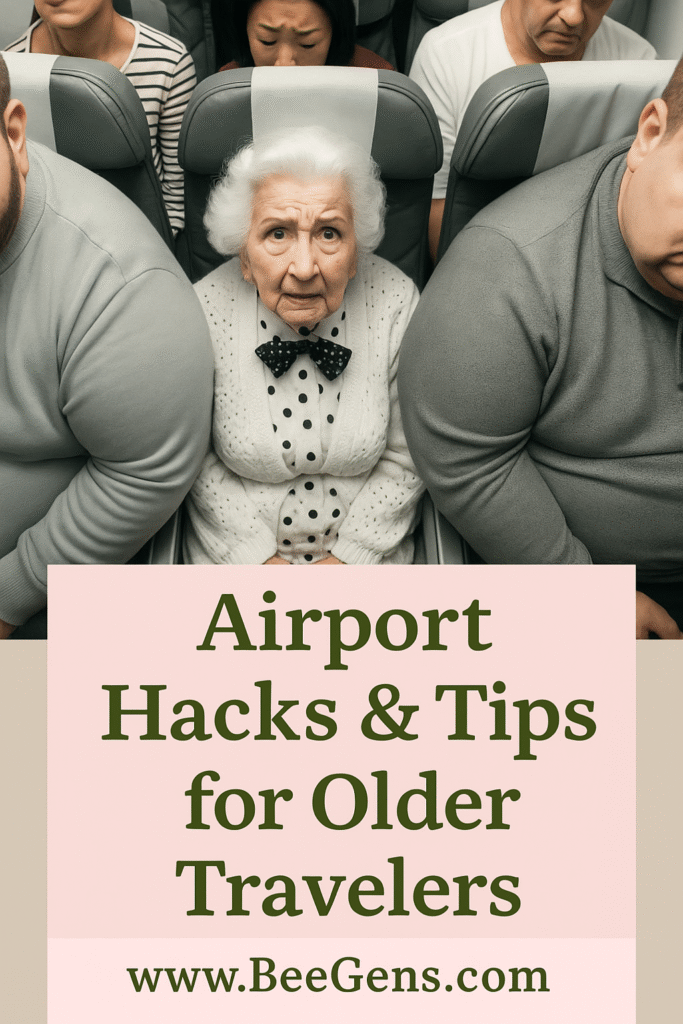 Elderly woman sitting anxiously between passengers on an airplane with travel tips title below

